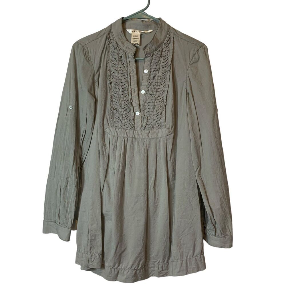 Max Studio Ruffle Front Tunic 3/4 Button Crinkle Fabric Grey S Roll-Tab Sleeves
